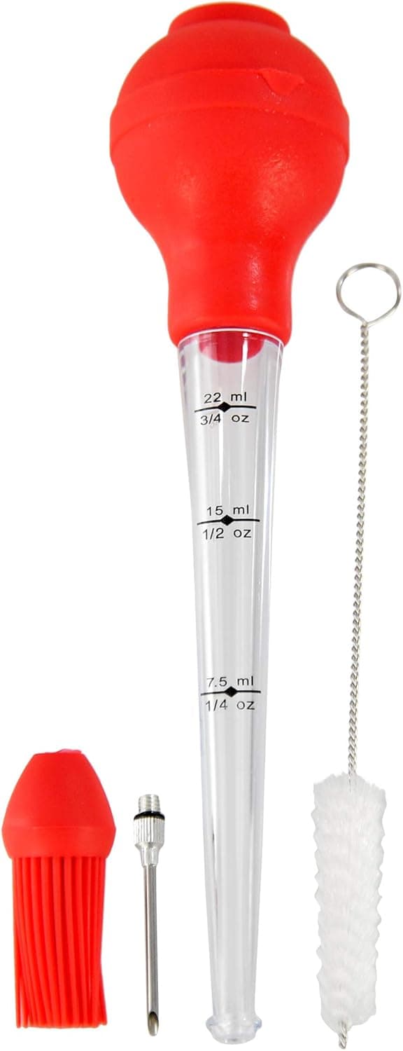 HOME-X Silicone Food Baster with Interchangeable Baster Needle and Sauce Brush, Cleaning Brush Included, 11" L x 3" W x 2 ¼” H, Clear/Red