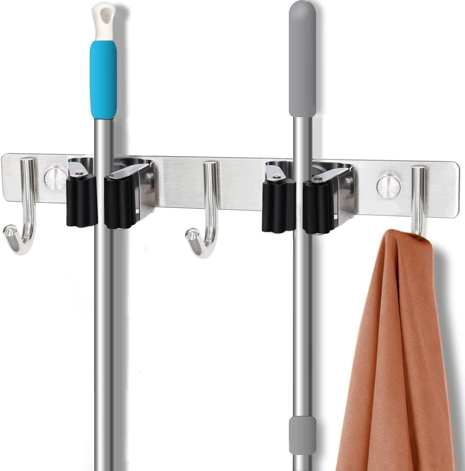 Broom and Mop Holder Wall Mounted w/2 Wall Hangers, Garden Tool Organizer for Garage, Mop and Broom Holder Wall Mount, Tool Hangers for Garage Wall, Broom Organizer Wall Mount, Broom Holder Organizer