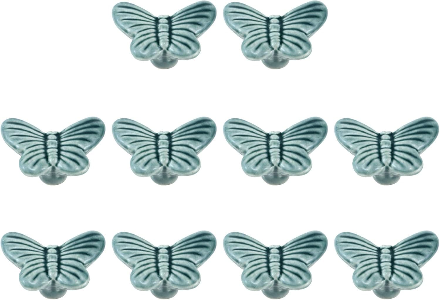 Geesatis 10 pcs Butterfly Knobs Vintage Ceramic Knobs Retro Style for Decorative Drawer Dresser Cabinet Pull Knobs, with Mounting Screws, 1.6 inch, Dark Green