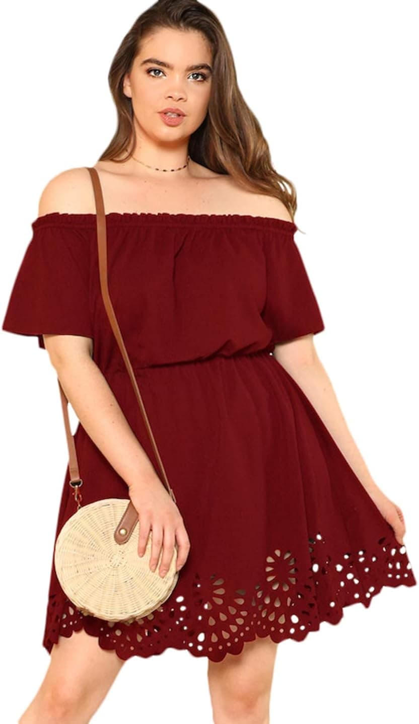Romwe Women's Plus Size Off The Shoulder Hollowed Out Scallop Hem Party Short Dresses