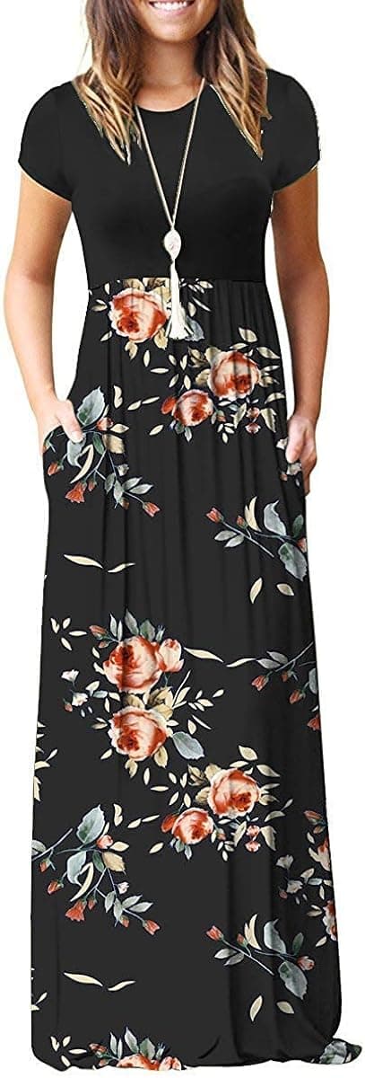 TODOLOR Women Short Sleeve Loose Plain Casual Long Maxi Dresses with Pockets