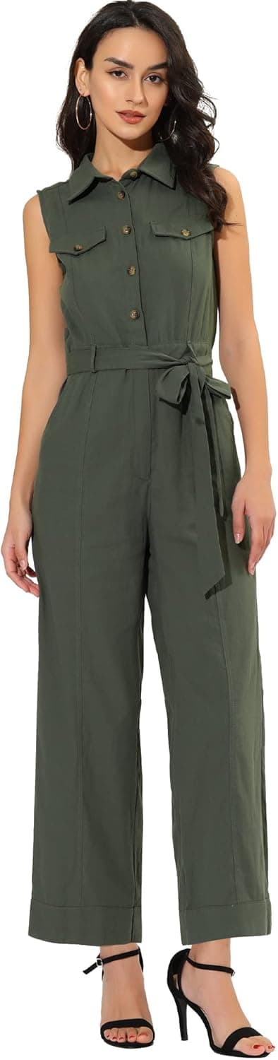 Allegra K Women's Button Down Collared Wide Leg Tie Jumpsuit Sleeveless Jumpsuits