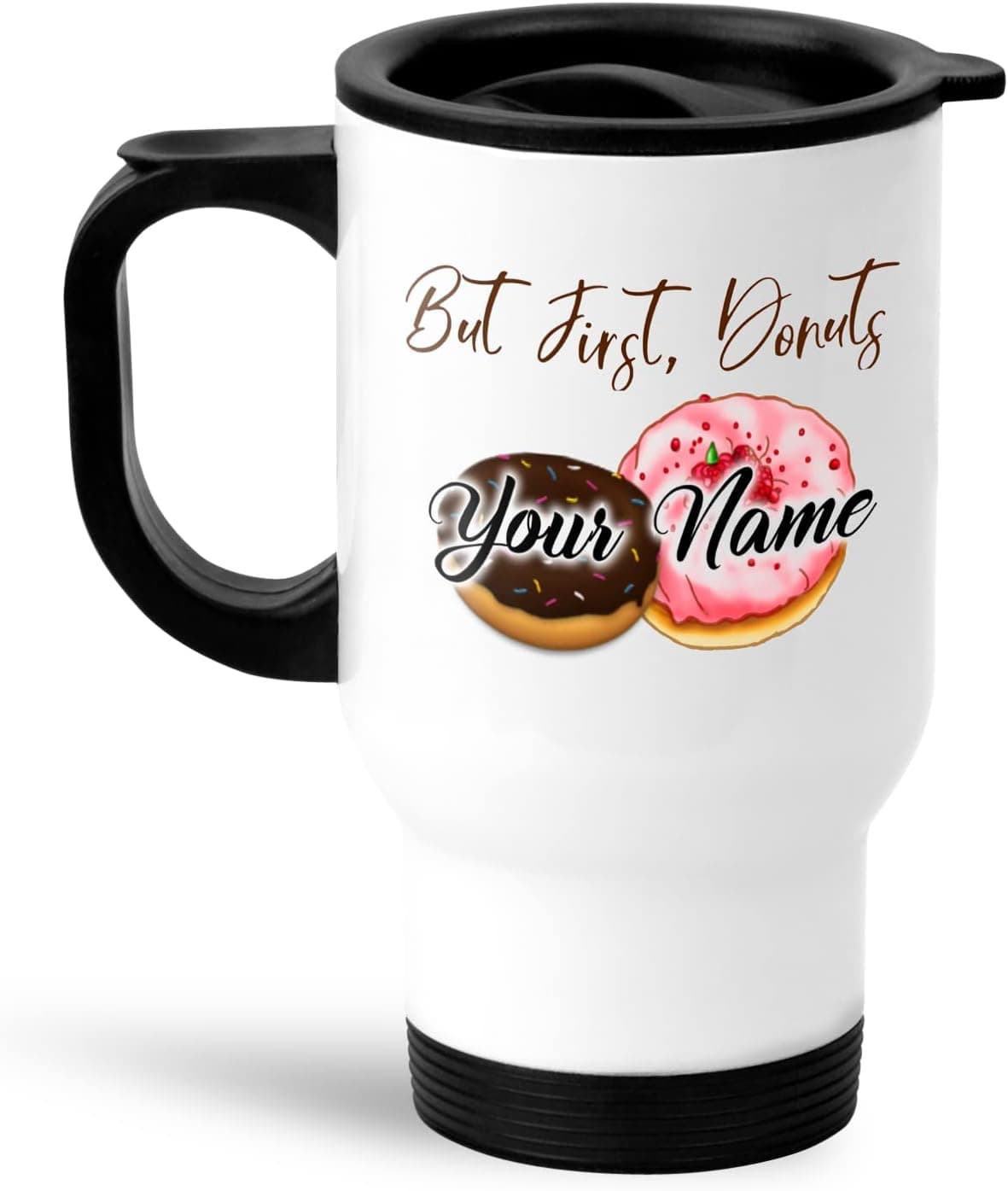 Bleu Reign 14oz Insulated Travel Mug Personalized Custom Name But First Donuts Stainless Steel with Lid