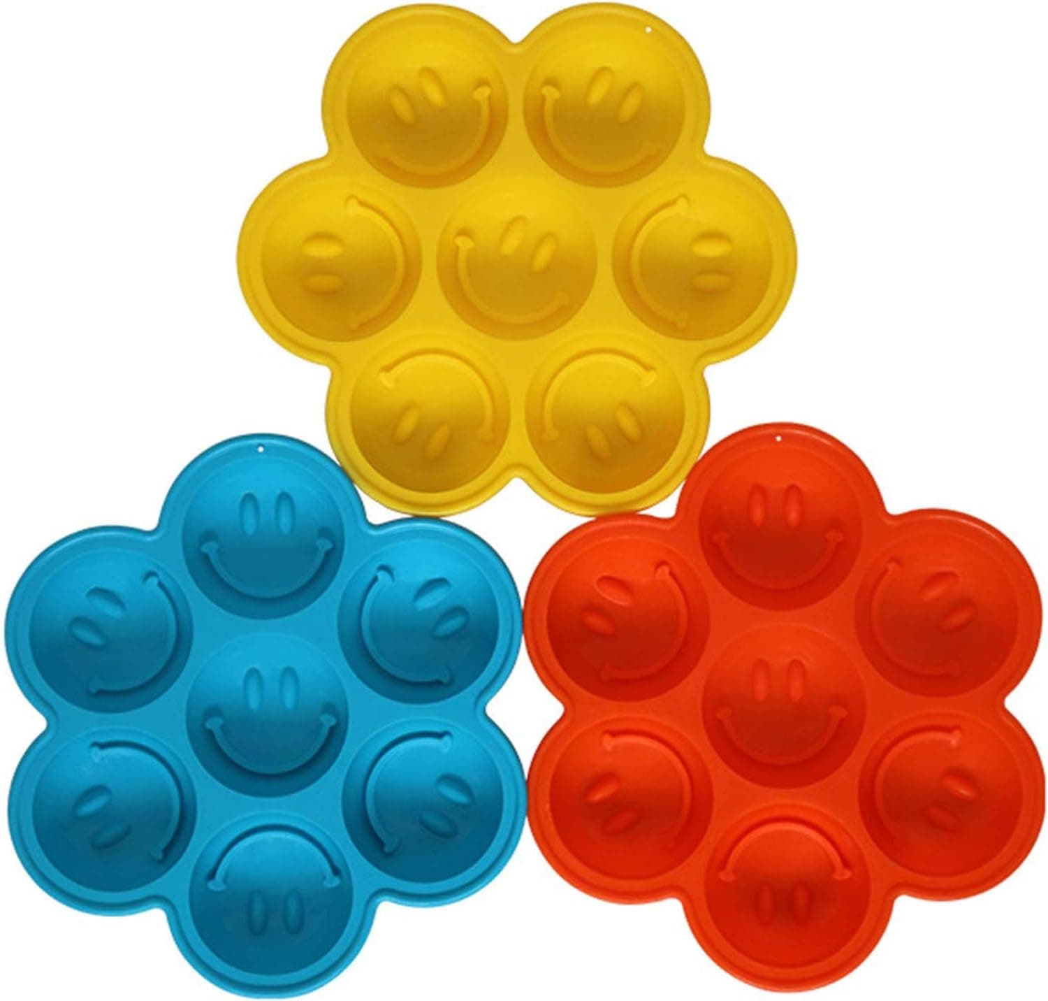 (3 Packs)Smiling Silicone Molds for Chocolates, biscuits, smile candies, snacks, Seven Juices Flower Smiley Shape Molds Bakeware Sets for Making Cookie Pudding Molds