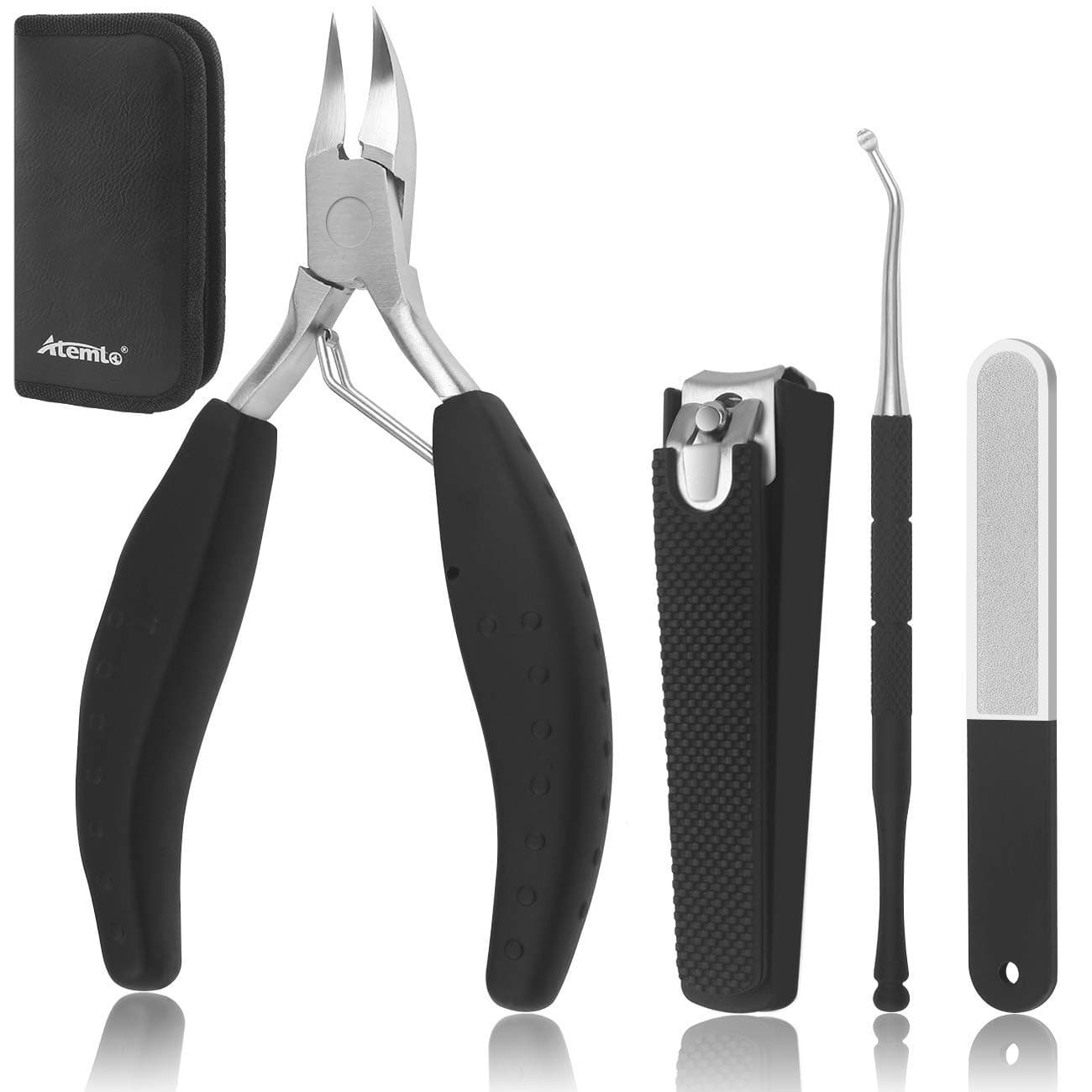 Nail Clippers Set, Atemto Manicure Set for Toenail Ingrown Thick Nail File Lifter Tools 4PCS Stainless Steel Grooming Kits For Men Women Elder with Catcher and Soft Non-Slip Handle with Travel Case