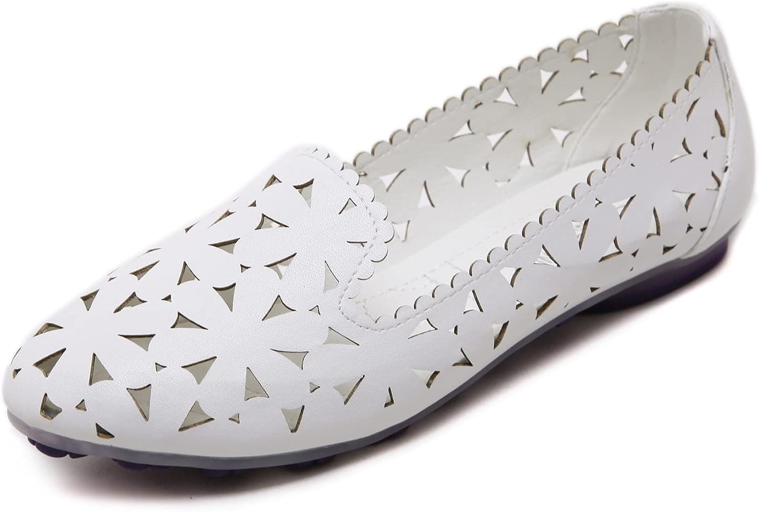 LiupanUp Women's Flower Hollow Ballet Flat Shoes Breathable Leather Comfortable Soft Sliding Shoes Pointed Dress Shoes White