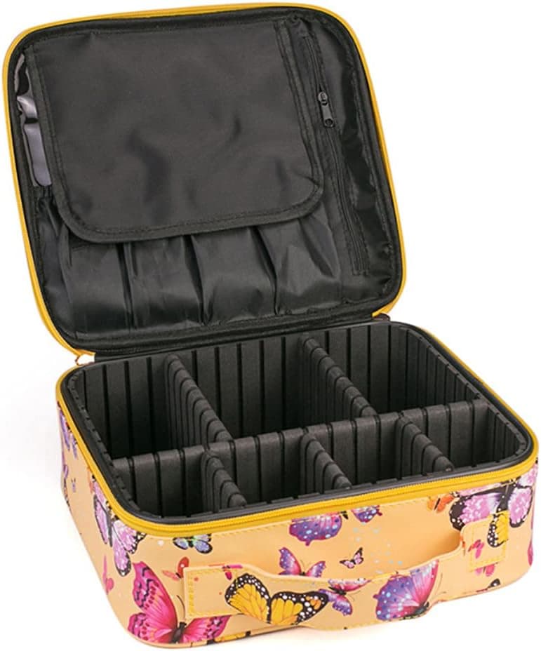 Vintage Travel Cosmetic Bag Leather Makeup Organizer Case Adjustable Dividers Vanity Pouches for Women Toiletry Hygiene (Yellow)
