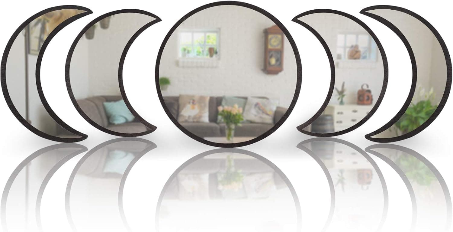 5 Pcs Moon Mirror Wall Decor, Acrylic Moon Phase Mirror Set, Minimalist Moon Mirror with Exquisite Packaging, Scandinavian Home Decor, Bohemian Bedroom Living Room Wall Decorations, Black