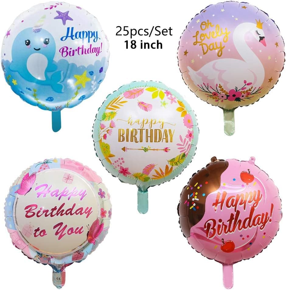 18" Boho Birthday Girl Balloon Bulk - Happy Birthday Mylar Balloon Party Decoration - 5 Styles 25 Pcs Foil Helium Balloons
