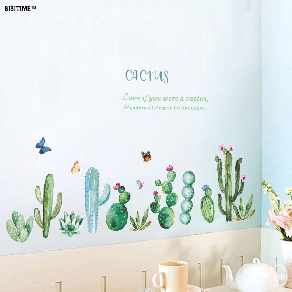 BIBITIME Cactus Wall Decal Peel and Stick Wall Stickers Green Plants Cactuses Cacti Flower Butterfly Vinyl Quotes Sayings for Living Room Sofa Background PVC Decorations Home Art Murals
