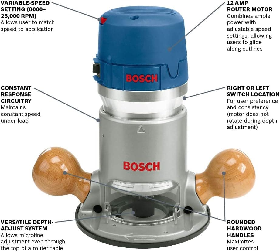BOSCH 1617EVS 2.25 HP Electronic Fixed-Base Router & Cabinet Style Router Table RA1171
