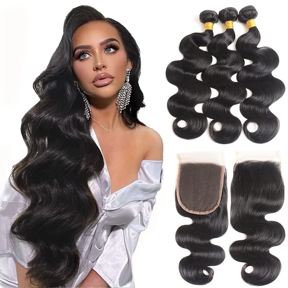 Body Wave Human Hair Bundles with Closure 100% Unprocessed Brazilian Virgin Bundles with 4x4 Free Part Lace Closure Human Hair Weave Extensions Natural Color (14 16 18+12, Bundles with Closure)