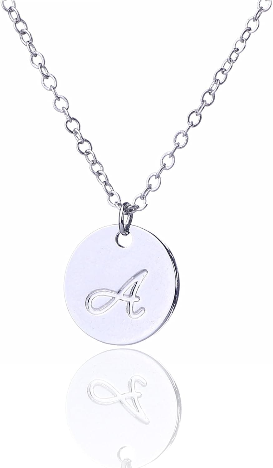 AOLO Silver Color Initial Disc Necklace Script Cursive A
