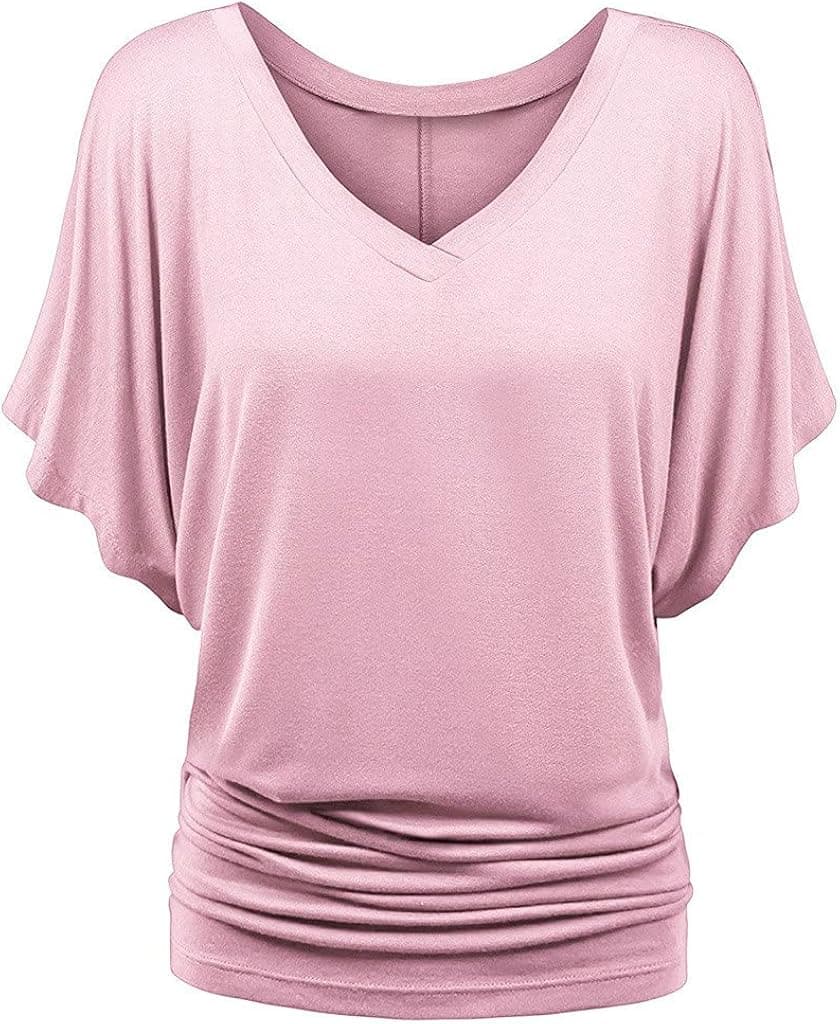 Plus Size Tops for Women Summer Solid Ruffled Short Sleeve Dolman T Shirts Basic Loose V Neck Side Shirring Tee Blouse