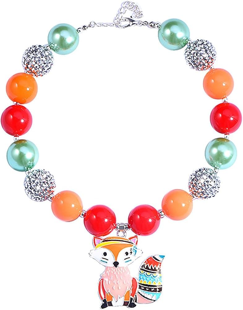 Bling Bling Boho Fox Necklace, Fall Back to School Chunky Necklace, Child Toddler Baby Bubblegum Gumball Bead Necklace with Gift Box