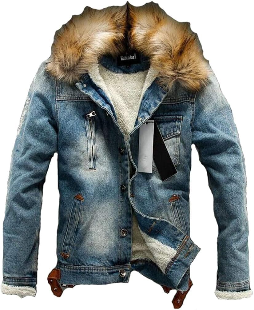 Tebreux Men's Denim Fleece Jacket Casual Faux Fur Collar Sherpa Jeans Coat Winter Trucker Jacket