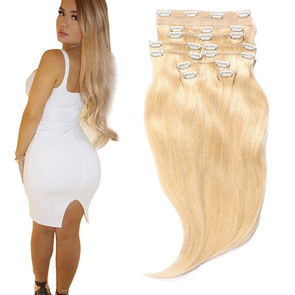 YONNA Remy Human Hair Clip in Extensions Double Weft Long Soft Straight 10 Pieces Thick to Ends Full Head Platinum Blonde (#613) 18inch 200g