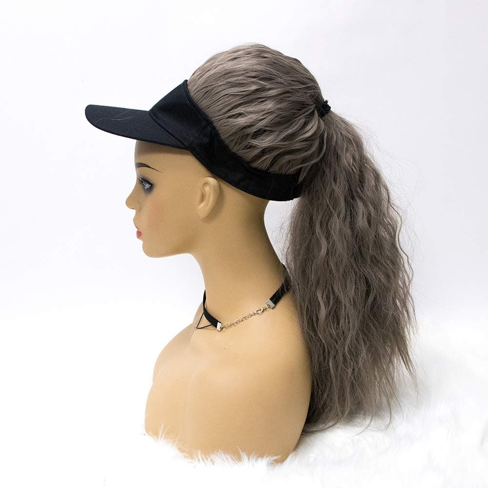 sedittyhair MALAIKA Hat Wig Visor with Synthetic Ponytail Extension Visor with Hair Black Hat with Ponytail Hair Extension Attached Long Kinky Wave Hair for Women Daily Party Use(Grey Brown)