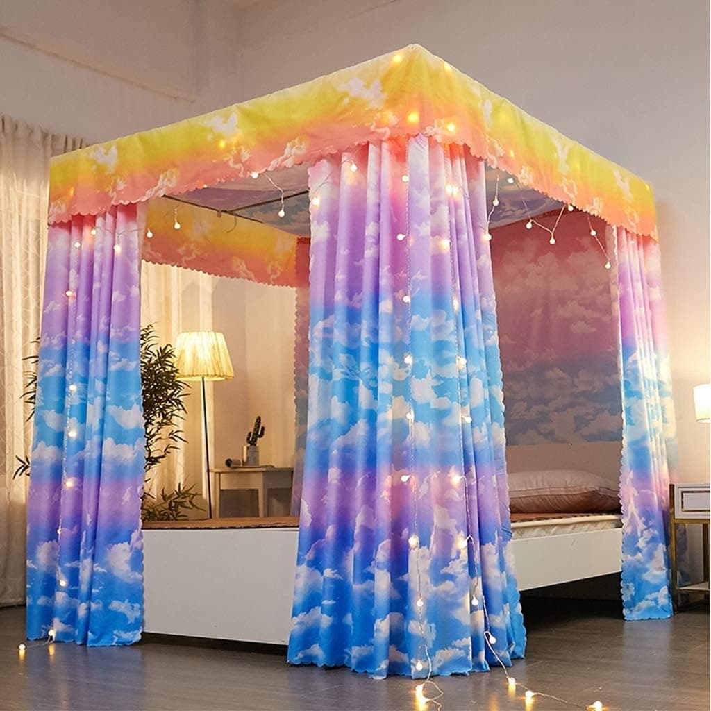 JOYLIFE Canopy bed curtains, 4 corners post bed canopy curtain, bed canopies&drapes for Girls Adults Kids (Multicolor Cloud, Full)