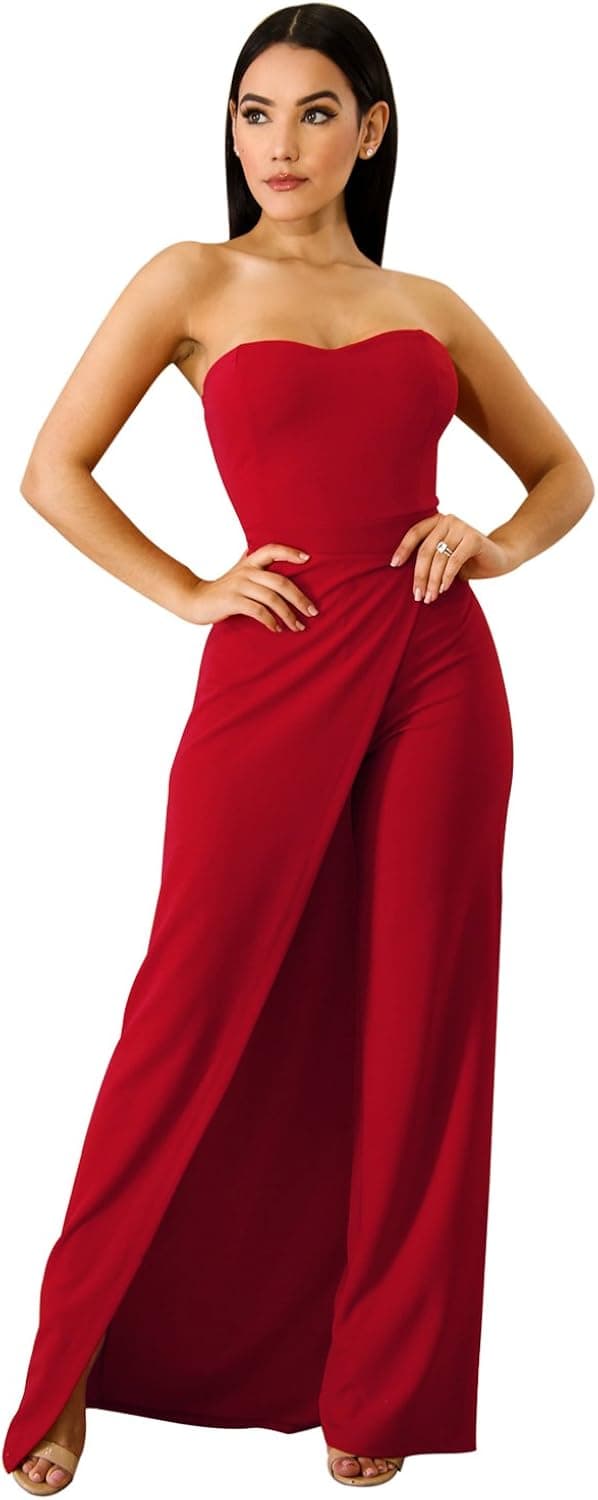 Acelitt Womens Off Shoulder Sleeveless Asymmetric Split Leg Strapless Jumpsuit Rompers Red Medium
