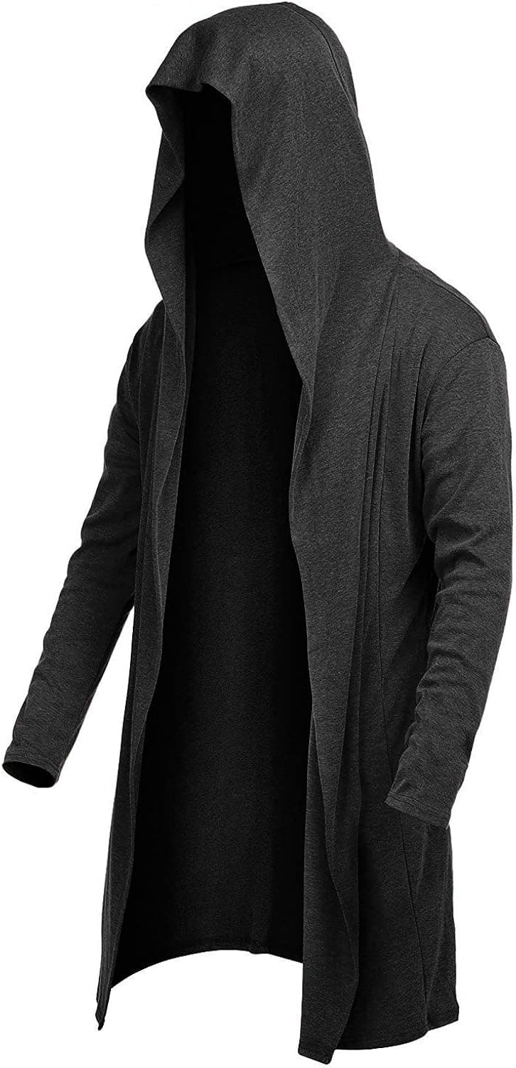 UUANG Mens Long Cardigan Open Front Draped Lightweight Hooded Sweater with Pockets