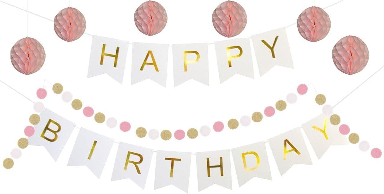 KaLuc White Happy Birthday Banner, 6 Tissue Paper Balls and Pink, White and Gold Circles Garland.Perfect Birthday Decorations and Party Supplies. USA Seller.