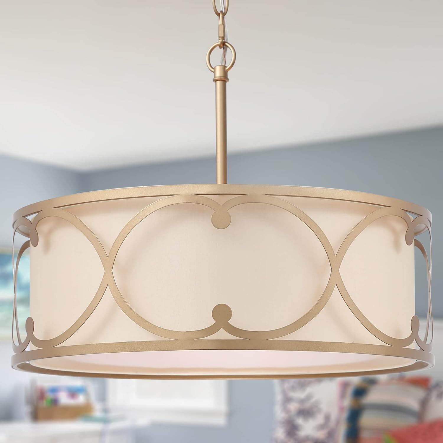 Durent Lighting Gold Drum Chandelier 3-Light Modern Pendant Lighting Fixture with Fabric Shade Dia 17.5” Hanging Light for Dining Room Bedroom Kitchen Foyer Living Room Entryway