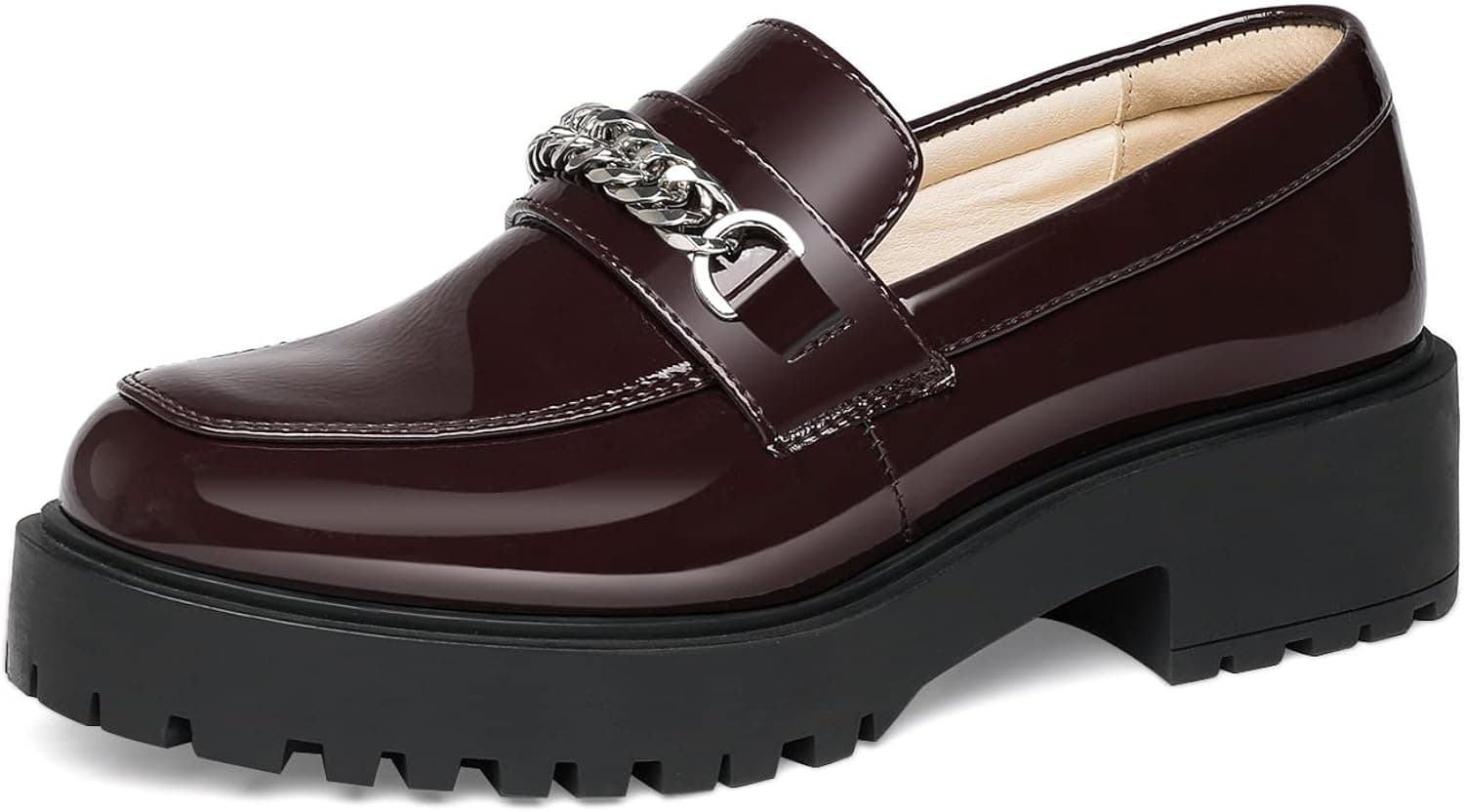 YETIER Platform Womens Loafer Leather Slip-ons Round Toe Chunky Loafer Shoes Penny Casual Fashion Shoes with Chain