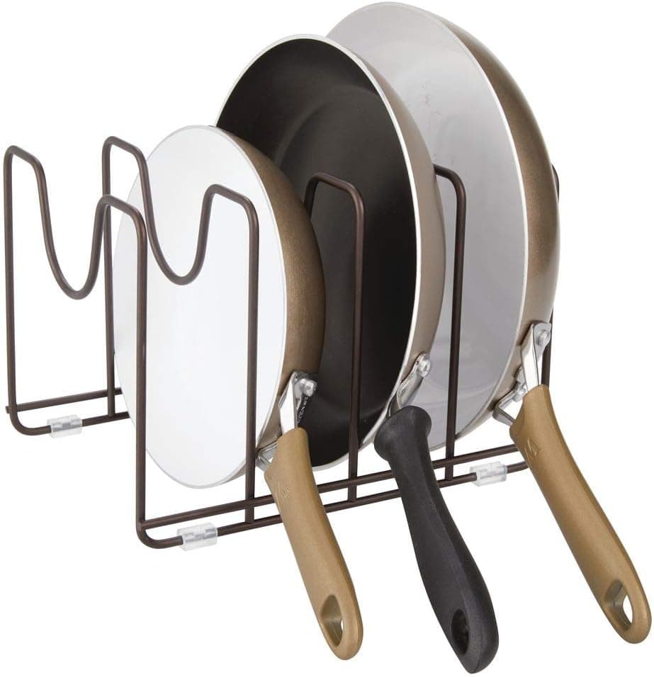 mDesign Metal Wire Pot, Pan Organizer Rack for Kitchen Cabinet, Pantry, Shelves, 4 Storage Slots for Vertical or Horizontal Placement of Skillets, Frying Pans, Lids, Baking Stones - Bronze