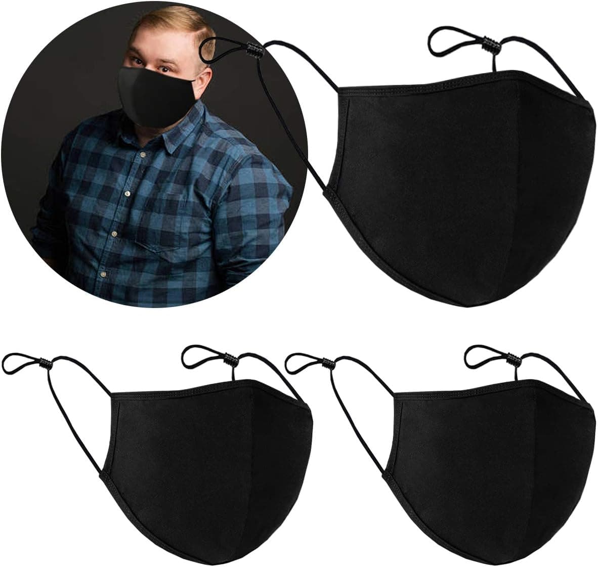 Adults Cloth Safety Shield Black Extra Large,Washable Breathable Comfortable Adjustable Shield Protection for Office Work Outdoors(XL-3PCS)