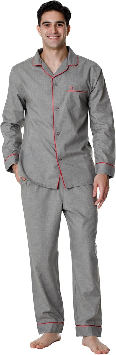 De Lucca Men's Full Sleeve Long Pajama Set, 2 Piece Button-Down Nightwear, 100% Cotton Fabric, Comfortable Men’s Sleepwear Grey Melange