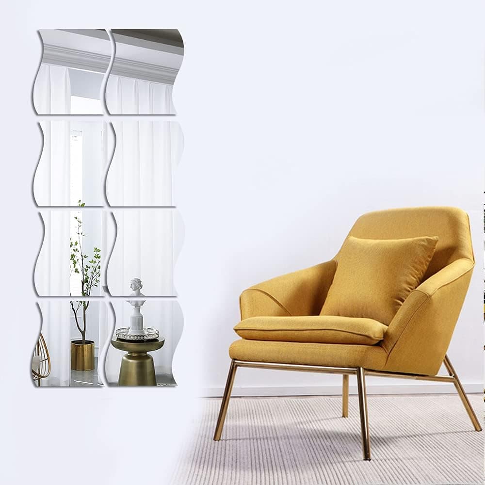 Large Mirror Wall Stickers, 8 Pcs Full Length Wavy Mirror for Walls Art DIY Home Decorative Acrylic Mirror Wall Sheet Plastic Tiles for Home Living Room Bedroom Sofa TV Setting Decoration Decor Decal