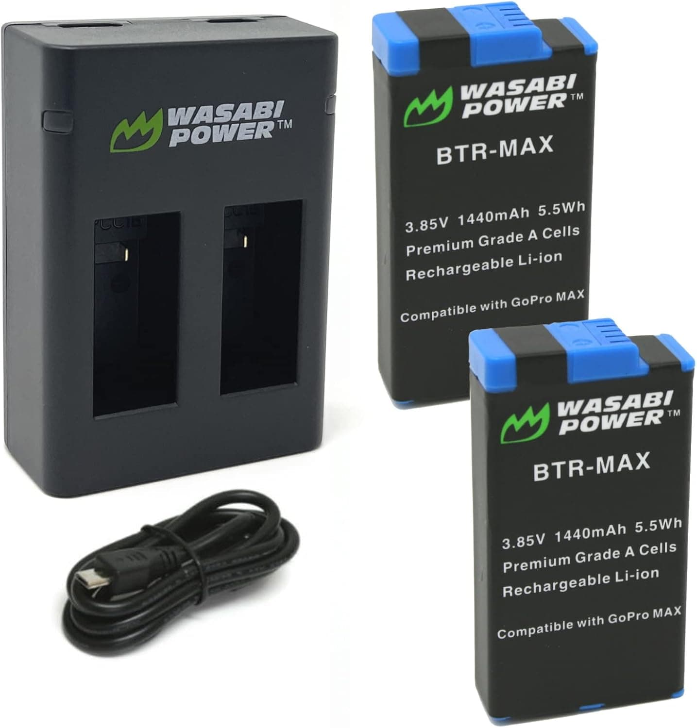 Wasabi Power Replacement for GoPro MAX Battery (2-Pack) and USB Dual Charger Compatible with GoPro ACDBD-001, ACBAT-001 (Fully Compatible)