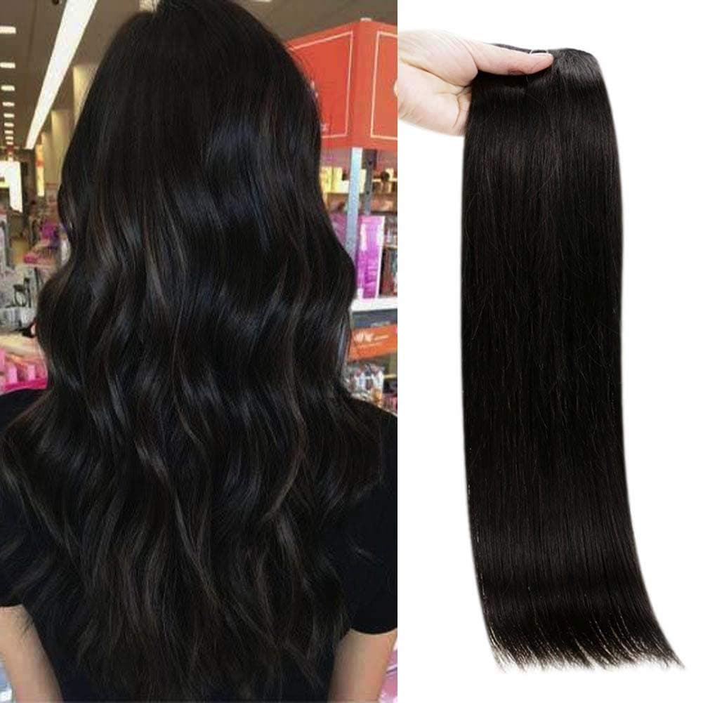 Full Shine Promotion Halo Hair Extensions Human Hair Fish Line Hidden Crown Extensions 16 Inch Halo Crown Hair Extensions 80 Grams One Piece Off Black #1B Double Weft Hairpieces 10 Inch Width No Glue