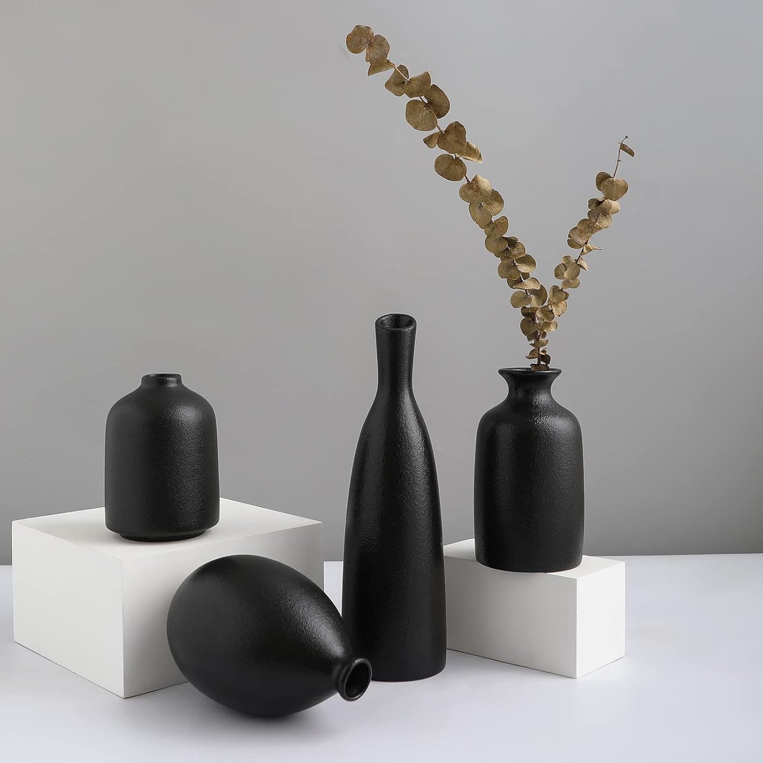 Joynisy Black Ceramic Vase Set of 4, Classic Matte Vases Home Decorations for Table Shelf Office Decor, Housewarming Gifts(Black)
