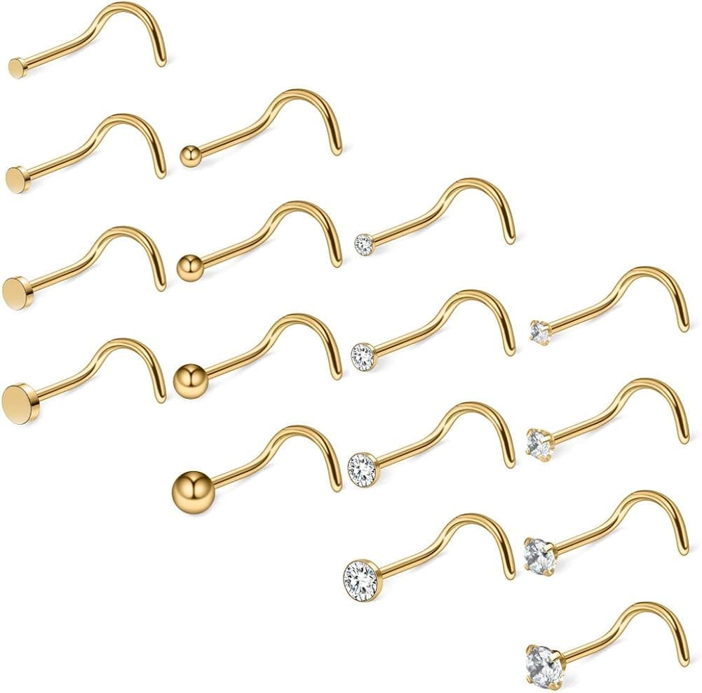 Ruifan 20G 18G Surgical Steel 1.5mm-3mm Flat Ball Clear Diamond CZ Nose Stud Rings Screw Piercing Jewelry 16-26PCS