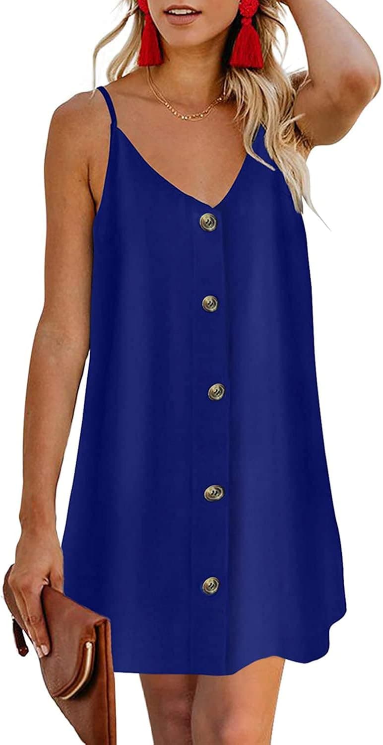 Feiersi Women Summer Beach Casual Spaghetti Strap Button Down Sleeveless Mini Dress