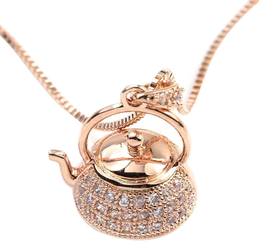 FC JORY White & Rose Gold GP Women Girl CZ Crystal Pendant Cute Kettle Teapot Pendant Chain Necklace