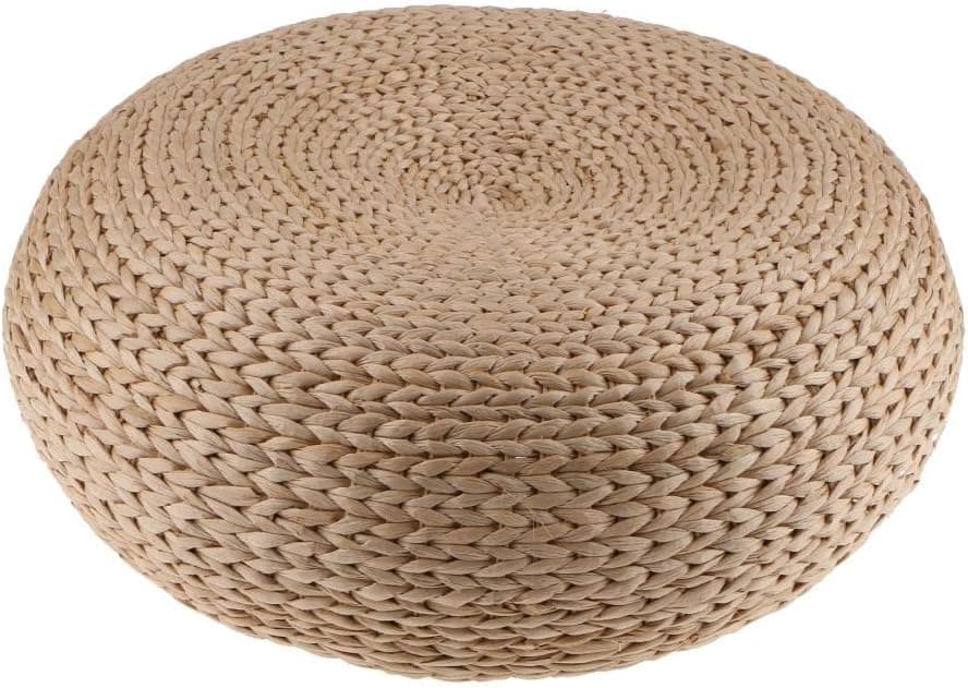 Knitted Straw Flat Seat Cushion, 15.7inch Round Pouf Tatami Cushion Floor
