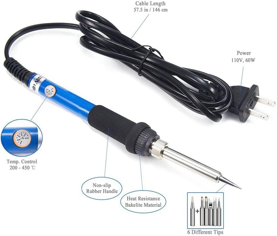 TBBSC Soldering Iron Kit 60W 110V - Adjustable Temperature, 5pcs Different Tips, Soldering Stand and 2pcs Additional Solder Tube
