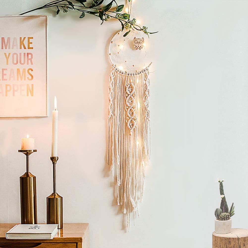 LOMOHOO Macrame Wall Hanging Dream Catcher Woven Moon and Owl Half Circle Moon Design Dream Catcher Boho Chic Bohemian Home Decoration Ornament Craft