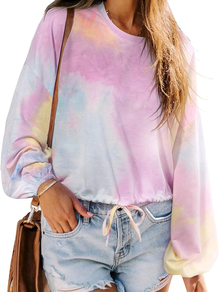 DOULAFASS Womens Sweatshirt Casual Long Sleeve Shirts Tie Dye Crewneck Pullover Hoodies (Large, W022-Pink)