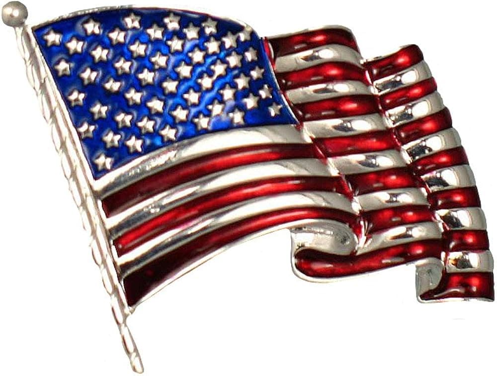 Stars & Stripes Products Waving Old Glory Flag Pin/Brooch - 2" Tall. Silver-Plate, Pin Back with Safety Lock.