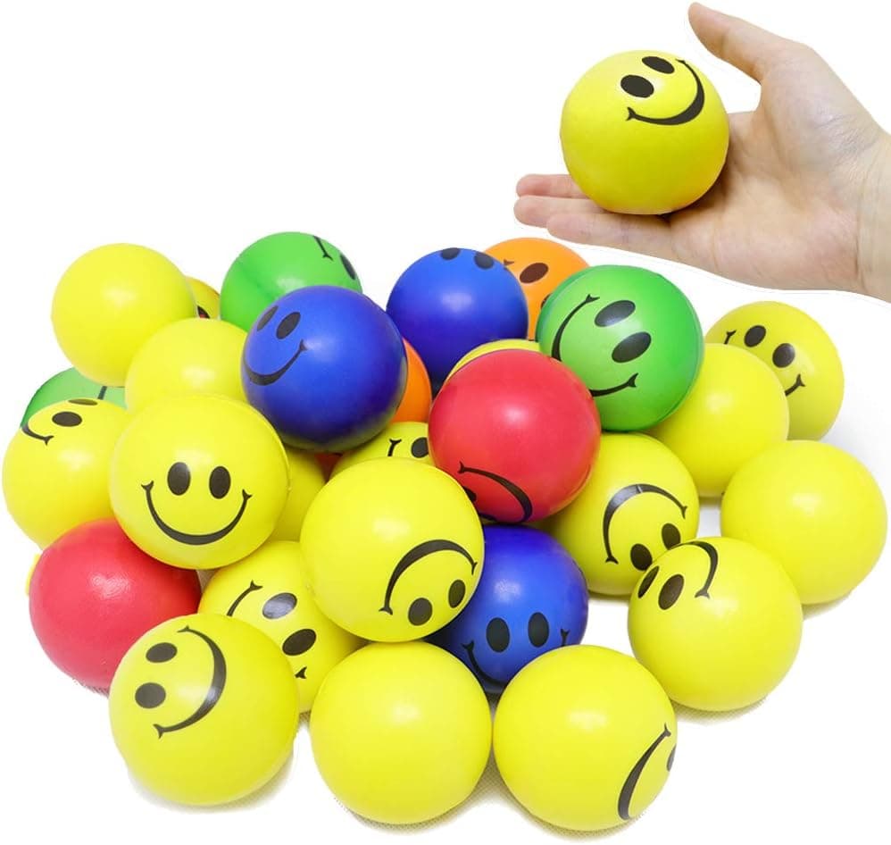 VCOSTORE Smile Face Stress Balls, 24 Pack of Funny Squeeze Balls Bulk with Neon Yellow Color, 2.5" Soft Stress Relief Toys for Party Favor,Goodie Bag Fillers (Mix Ver)