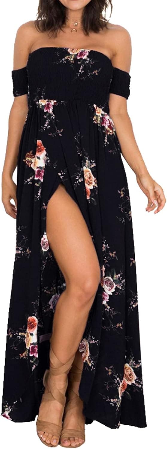 AM CLOTHES Summer Beach Dresses for Wedding Guest Maxi Dresses Off Shoulder Engagement Floral Dress 2X-Large Black1