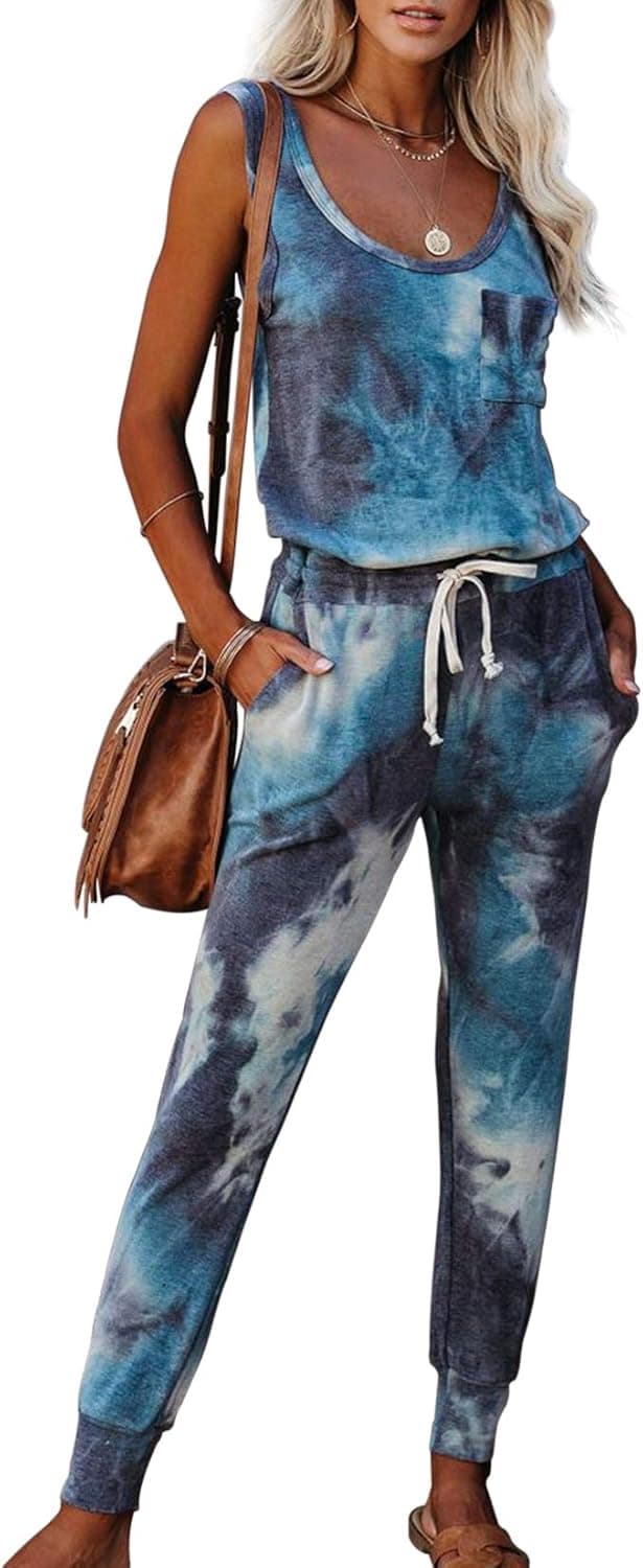 Beiranduo Women's Summer Sleeveless Tie Dye Jumpsuits Casual Loose Tank Jumpsuit with Pockets