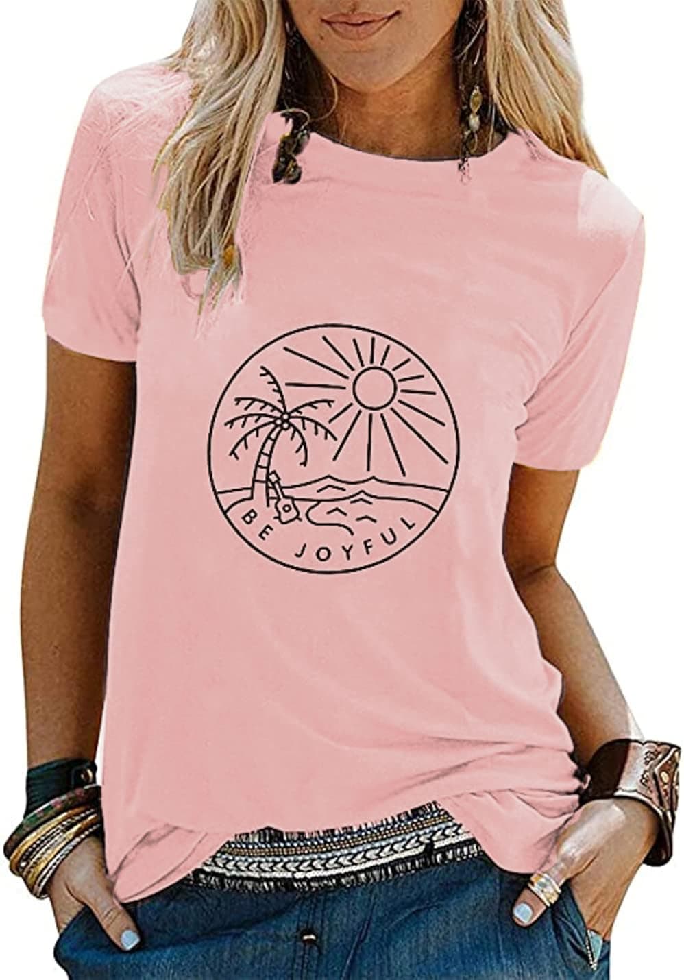 Be Joyful Sunshine T-Shirt Women Beach Coconut Trees Graphic Shirt Spring Vacation Tee Tops