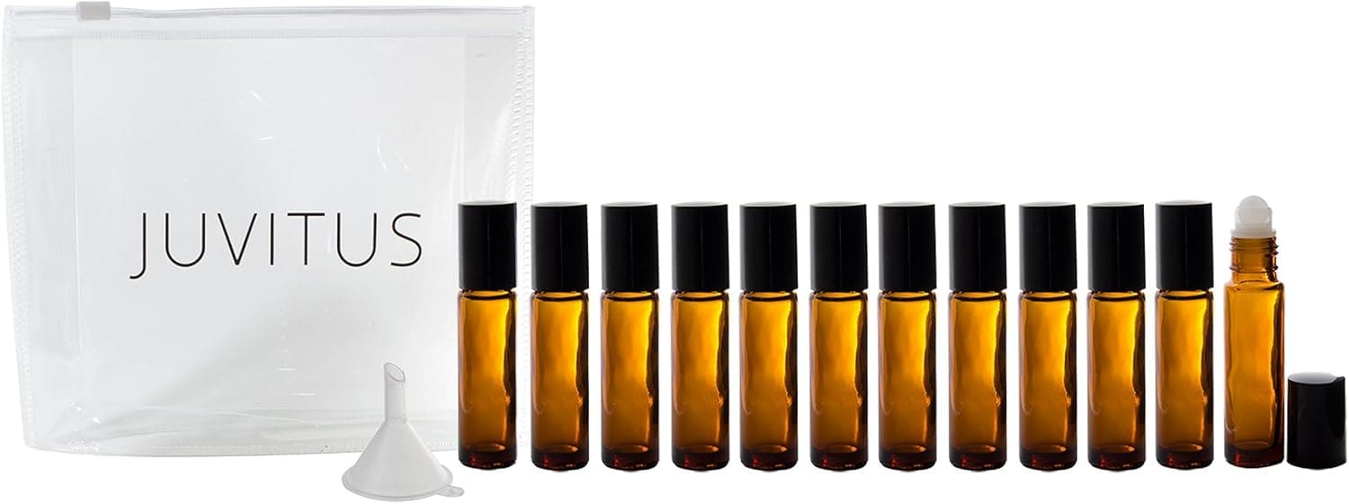 JUVITUS Amber Aromatherapy Glass Bottle with Roll On Applicator and Black Cap (10 ml ea.) 12 Pack + Travel Bag and a Funnel
