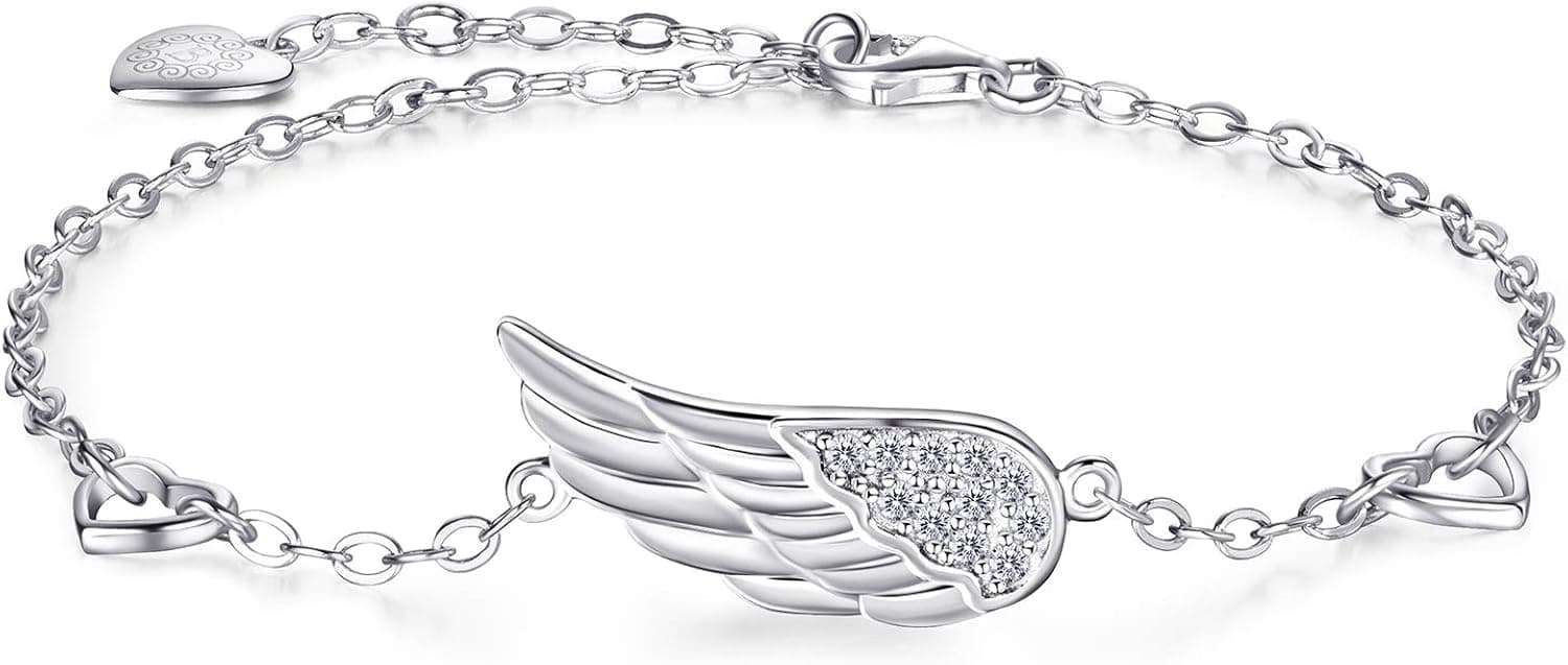 Billie Bijoux Women Silver Angel Wings Bracelet 925 Sterling Silver Adjustable Chain Diamond White Gold Plated Bracelet Mother's Day Gift for Women Girls