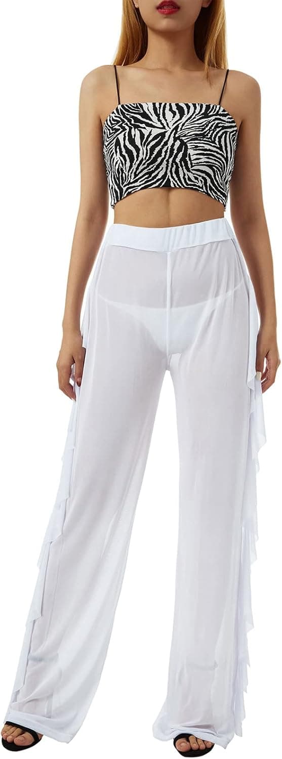 Doqcey Women's Perspective Sheer Mesh Ruffle Pants Swimsuit Bikini Bottom Cover up (Tag 2XL, White)